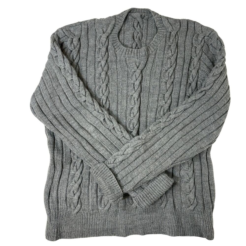 Gray Fisherman Sweater Cable Knit Pullover Large Cream Handmade XL Preppy